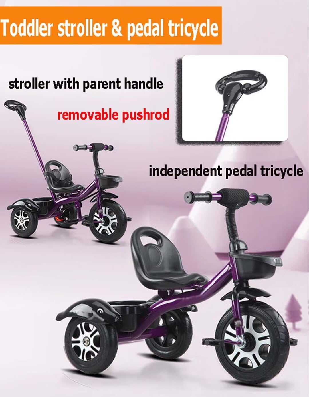 Toddler Stroller pram with Parent Handle,2 in 1 Parent Steering Trolley Tricycle with Double Rear Wheel Brakes for 1.5-5 Years Old,3 Wheel Balance Bike with Titanium Wheel,seat with Belt (Pink with p