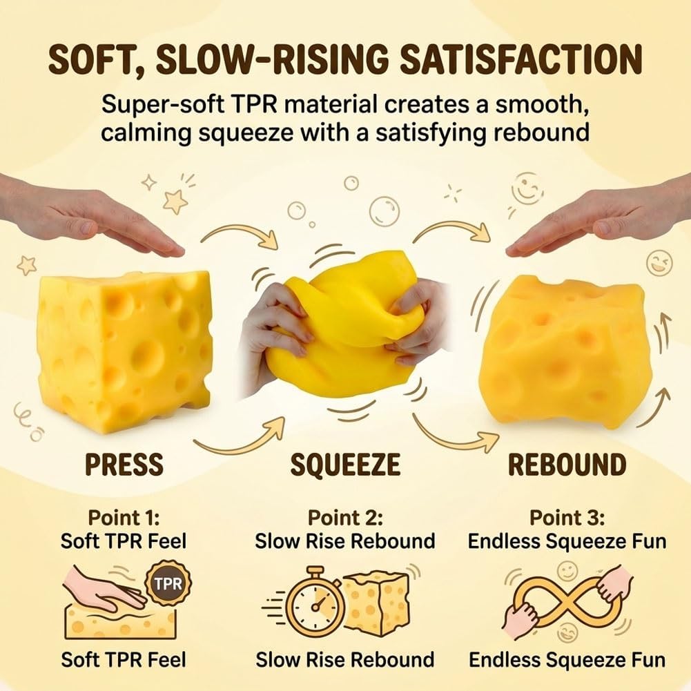 Condition photo showing New/Like New for big cheese squishy, giant jumbo squishy cheese block, large food squishies cube, novelty stress relief fidget toy, slow rising squeeze rebounding sensory gifts for adults birthday big 4.3in