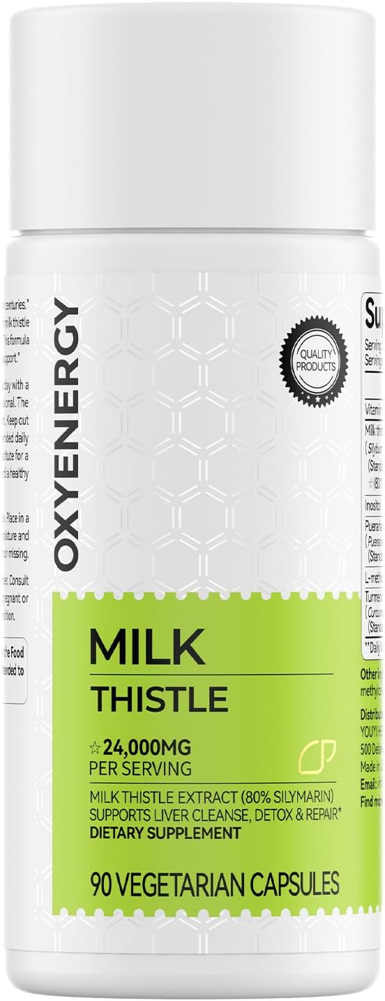 OxyEnergy Milk Thistle Liver Support Supplement, 80% Silymarin, Daily Supplement with Inositol, Turmeric & Vitamin C, Non-GMO, Gluten-Free, 90 Vegetarian Capsules