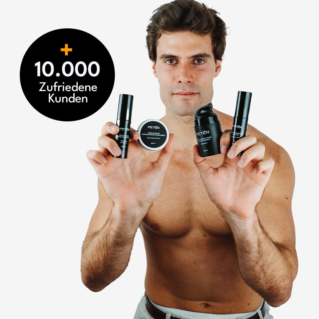 FETEN 360 Gesichtspflege Set für Männer – Männer Geschenkset 4-in-1 mit Gesichtspeeling, Anti-Falten Serum mit Vitamin C, Feuchtigkeitscreme & Augencreme gegen Augenringe
