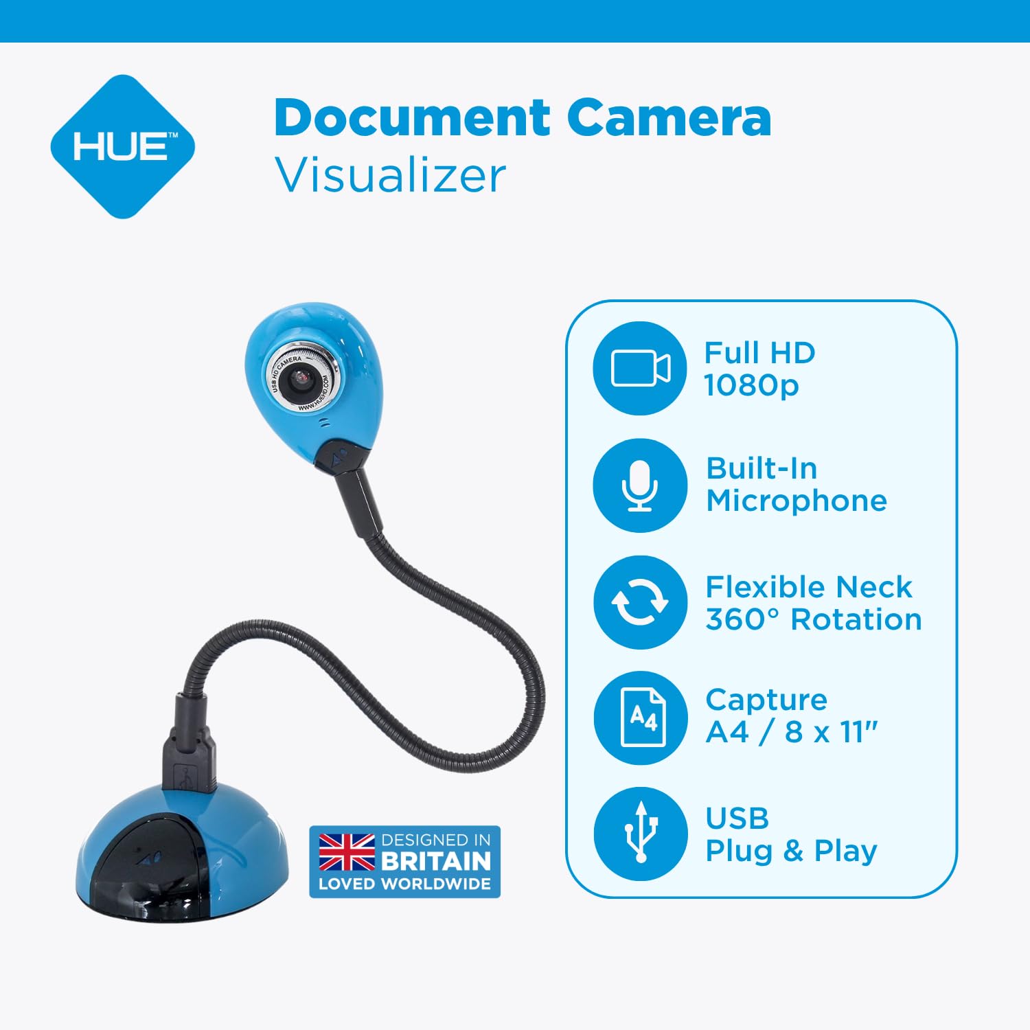 HUE HD Tragbare USB-Visualisierer/Dokumentenkamera für Unterricht und Klassenzimmer, Videokonferenzen, Webcam für Live-Streaming (Full HD 1080p Flexible Kamera) (Blau)