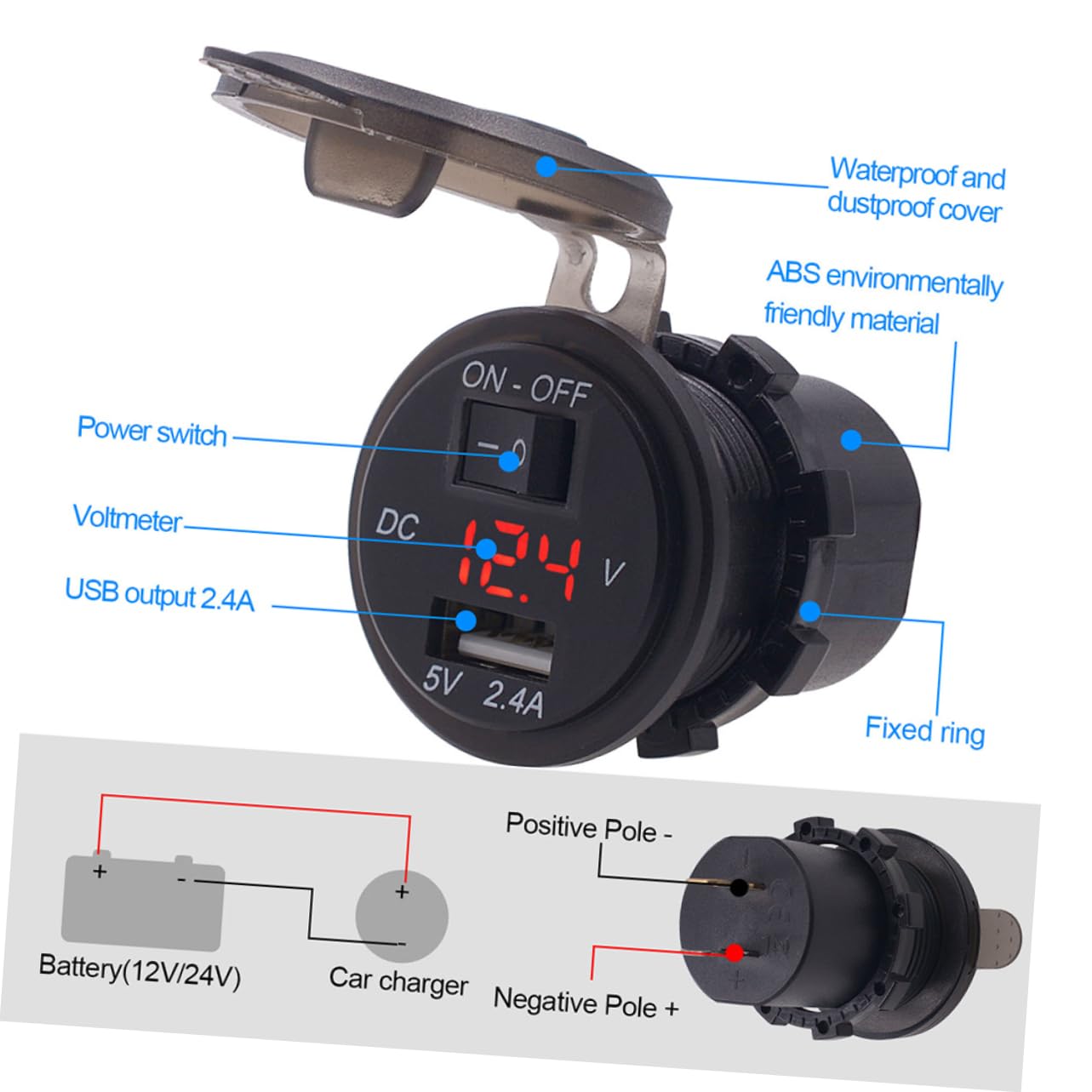 Artibetter 3piezas Cargador De Teléfono Móvil para Coche con Pantalla Digital y Protección para Motocicletas y Vehículos Eléctricos Luz Indicadora Roja