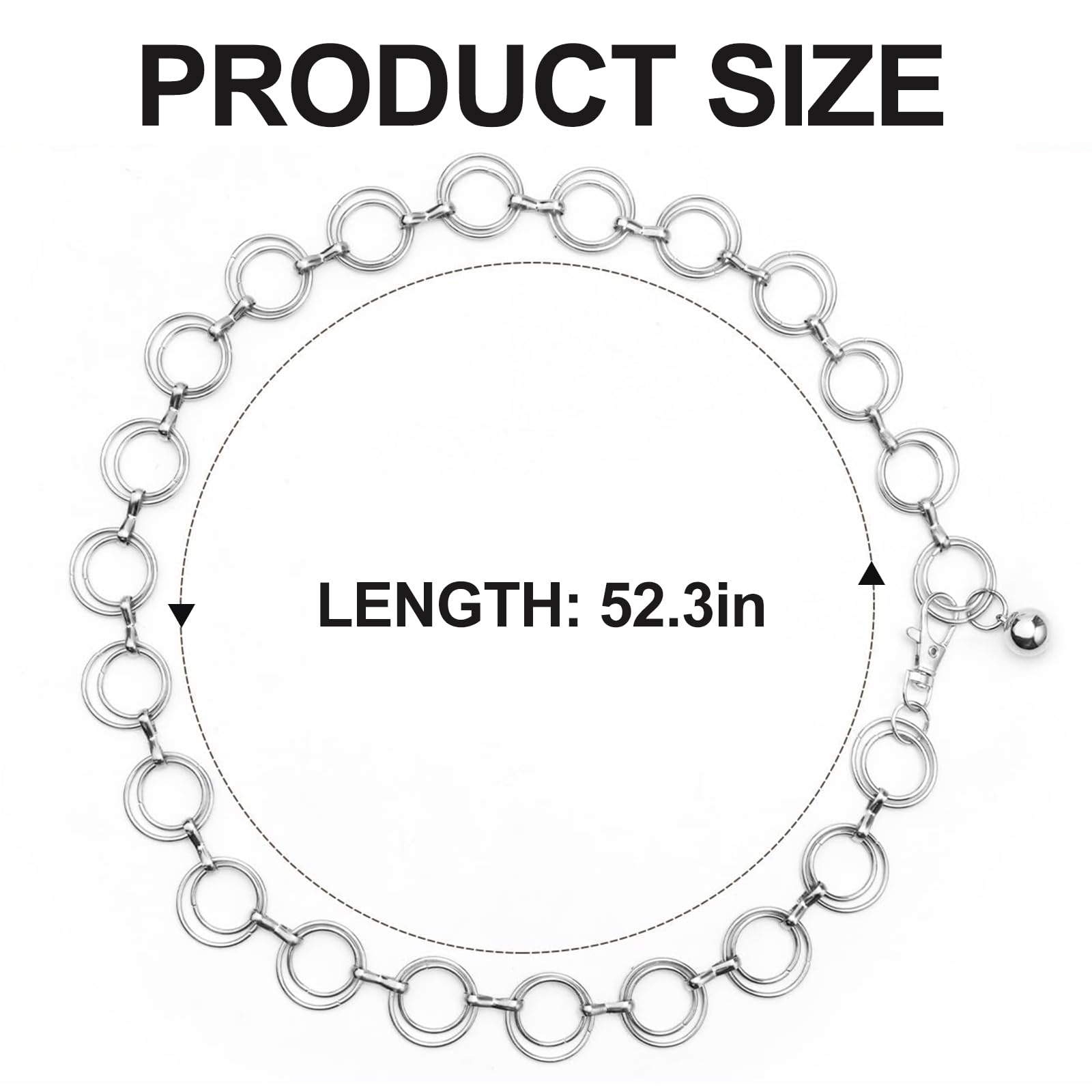 Damski pasek z o-ringiem, 133 cm regulowany metalowy pasek z łańcuszkiem, modny błyszczący pas z ogniwami dla dziewcząt i kobiet, odpowiedni dla dżinsów