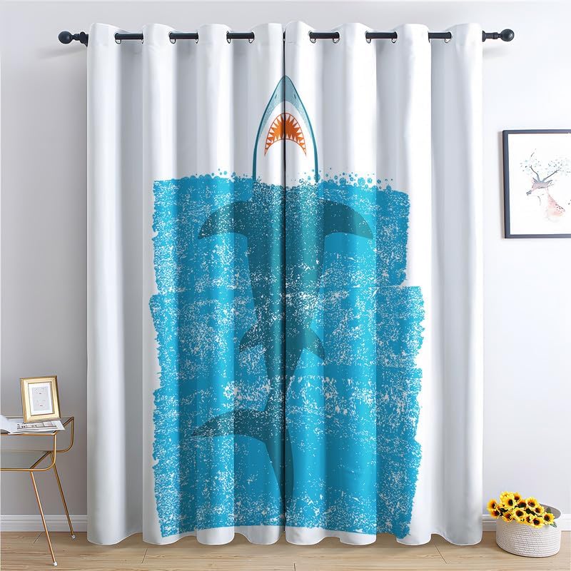 Shark Curtains for Bedroom Living Room, Cartoon Blackout Curtains 63 Inch Length 2 Panels Set, Thermal Insulated Grommet Drapes, Decorative Patterned Window Treatments