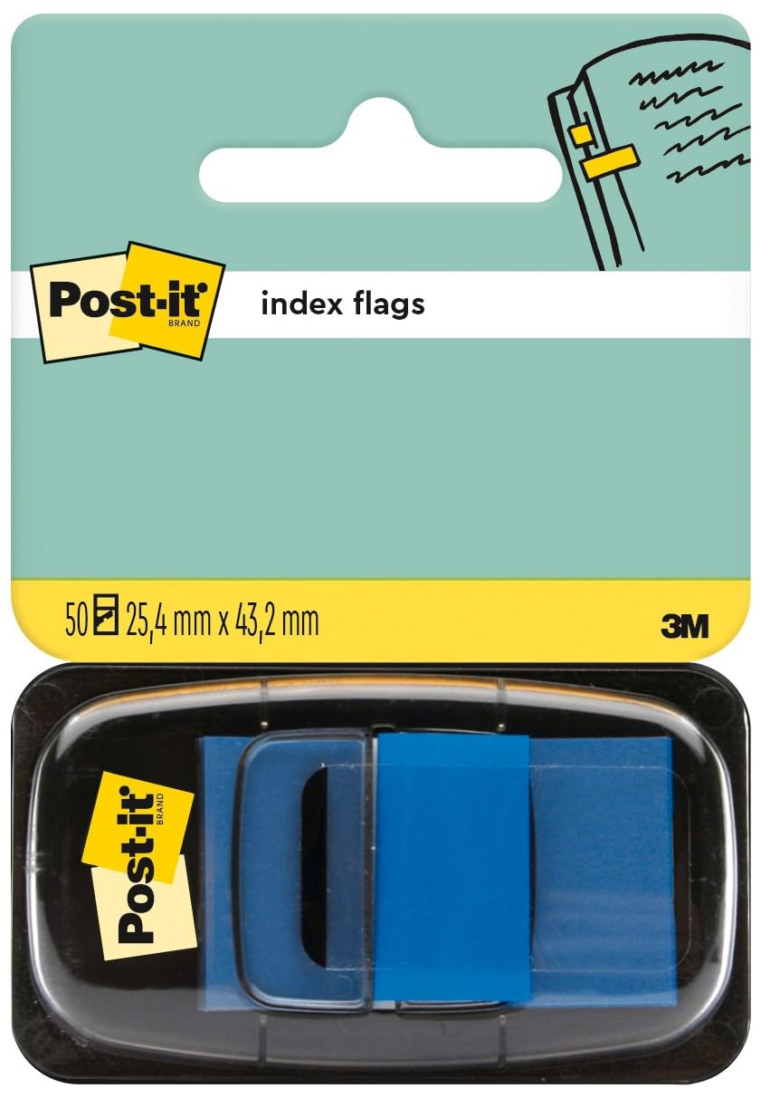 Post-it Index Flags, Medium, Blue, 1 Dispenser 25.4 mm x 43.2 mm, 50 Flags - to Mark, Highlight or Color Code Important Information