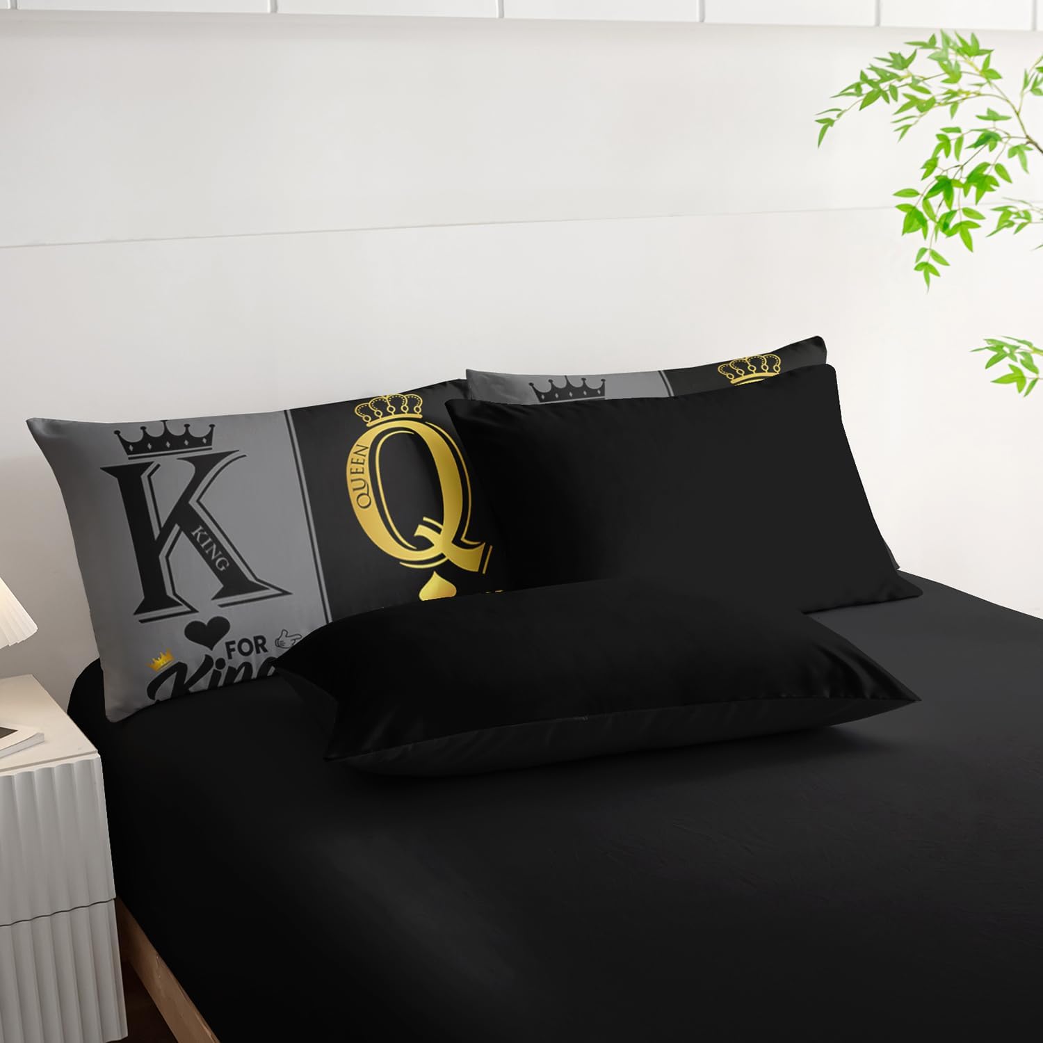 King and Queen Crown Comforter Set Black and Gray Couple Bedding Set,7Pcs Mr Mrs Comforter Set for Adults Couple Men Women,Light Bedding Set 7 Piece in A Bag,Bed Sheet Set Decor KING All Seasons - Image 5