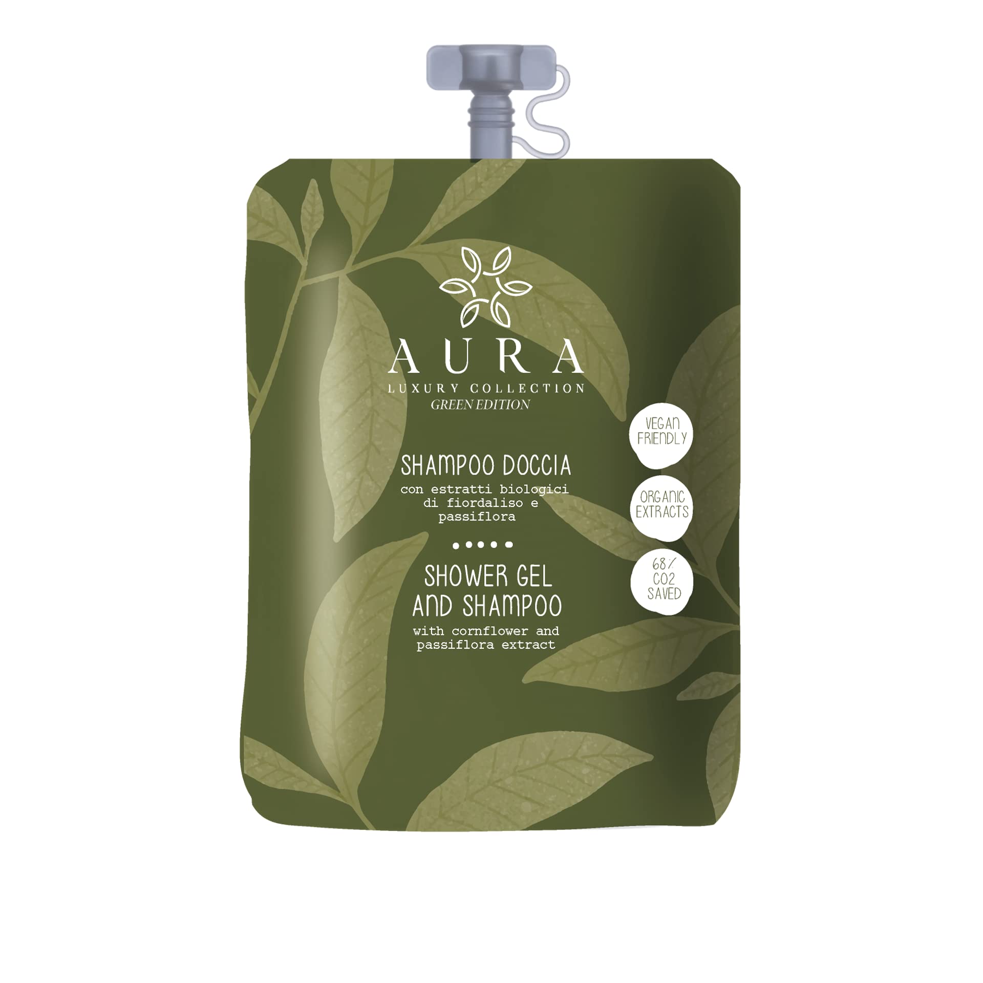 Aura Luxury Collection ® Green Edition Kit cortesia bagno per hotel e b&b 200 bustine stand-up con tappo 30 ml shampoo doccia delicato con estratti biologici di fiordaliso e passiflora
