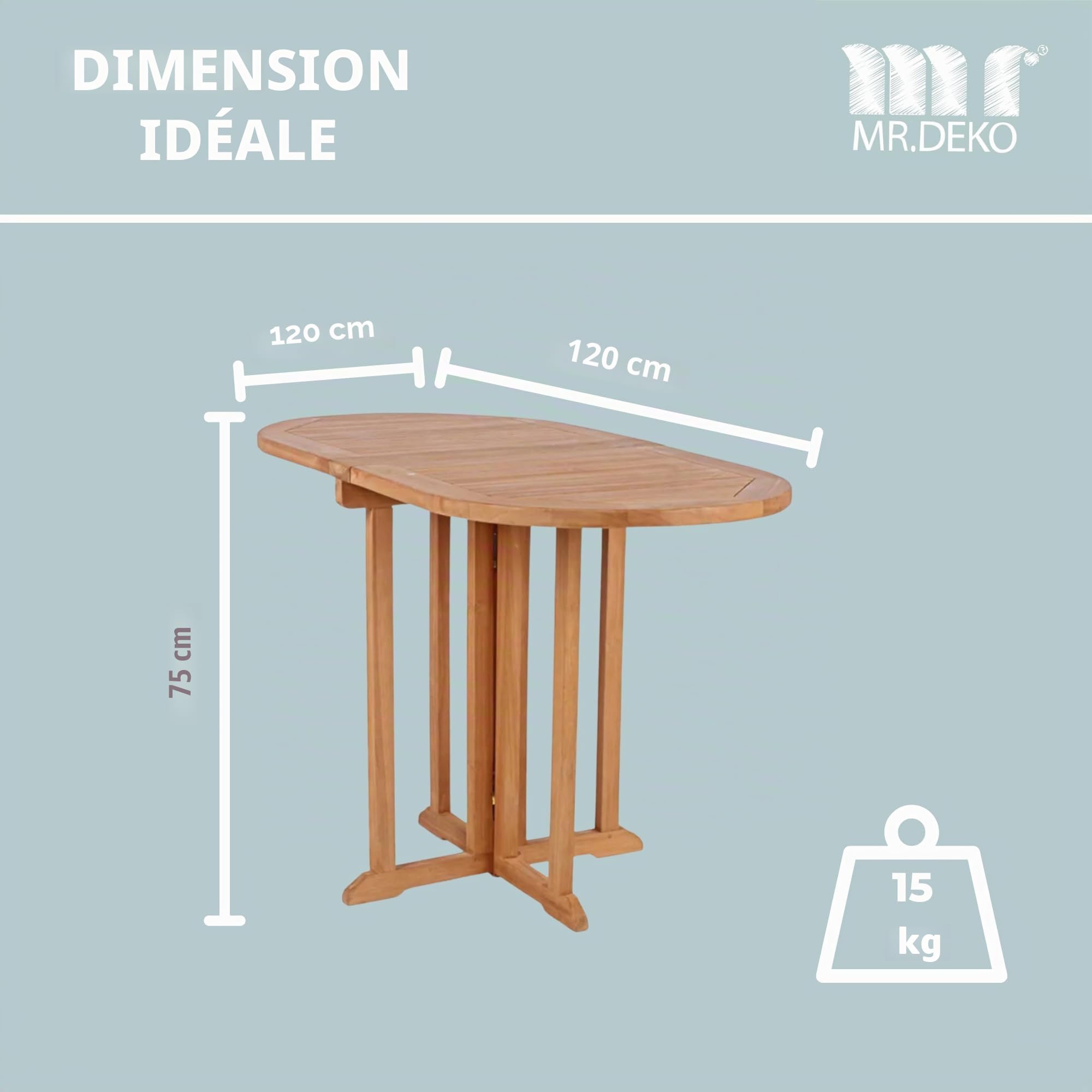 MR. DEKO Table Balcony Teck Massif 120x60x75 cm | Table de Jardin Pliable Individuellement | Meuble Gain de Place pour Petit Balcon Terrasse | Bois Robuste Résistant Rectangulaire