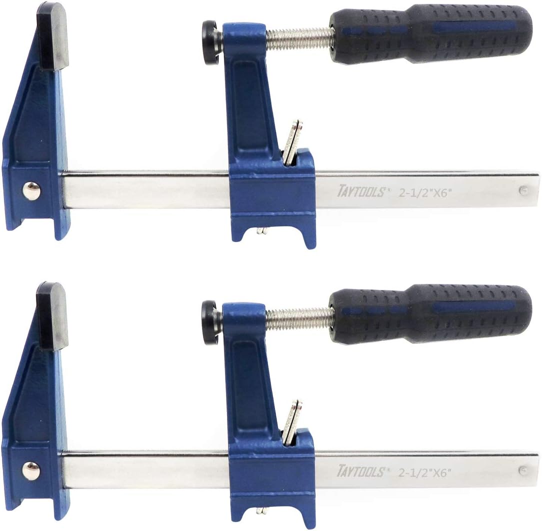 Set Taytools Medium Duty Adjustable Bar Clamps, Quick-Release Clutch Style American F Style, 2-1/2 Inch Throat Depth, Serrated Rail, Soft Grip Handle 450 Pounds Clamping pressure (2, 6 inch)