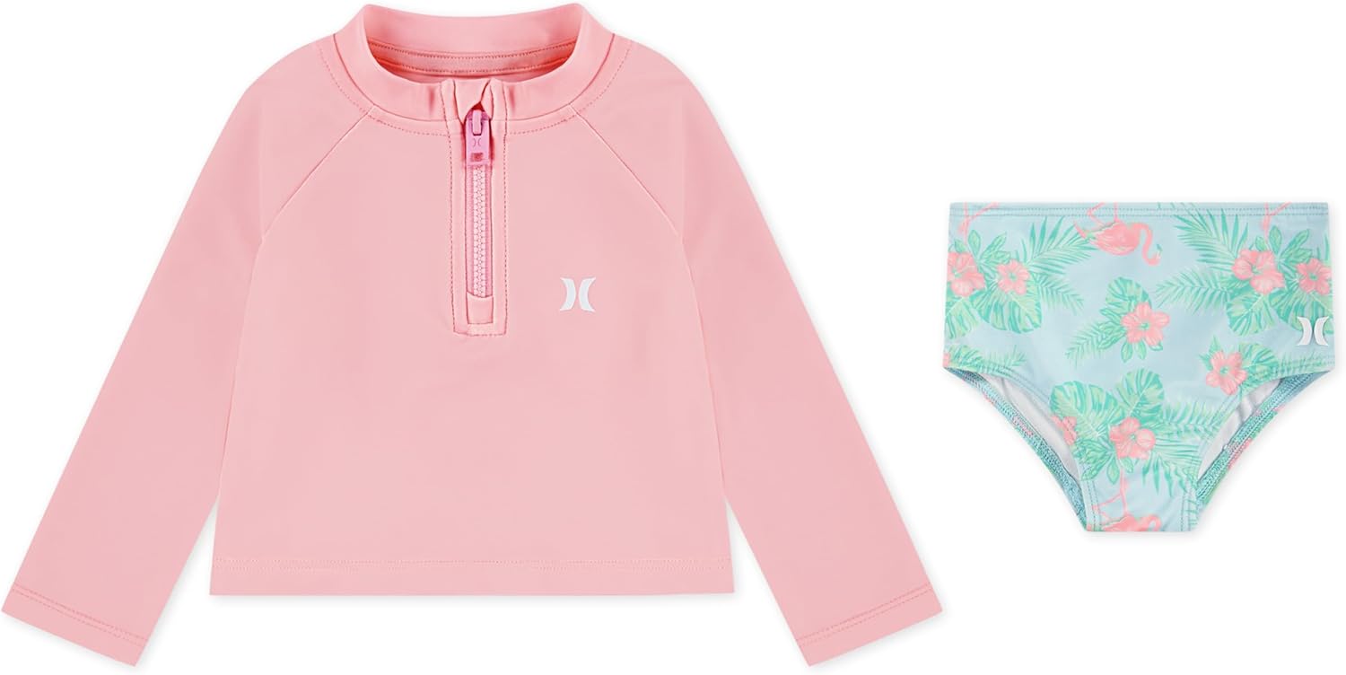 Hurley Baby and Toddler Girls' Long Sleeve Rash Guard Swim Suit 2-Piece Outfit Set