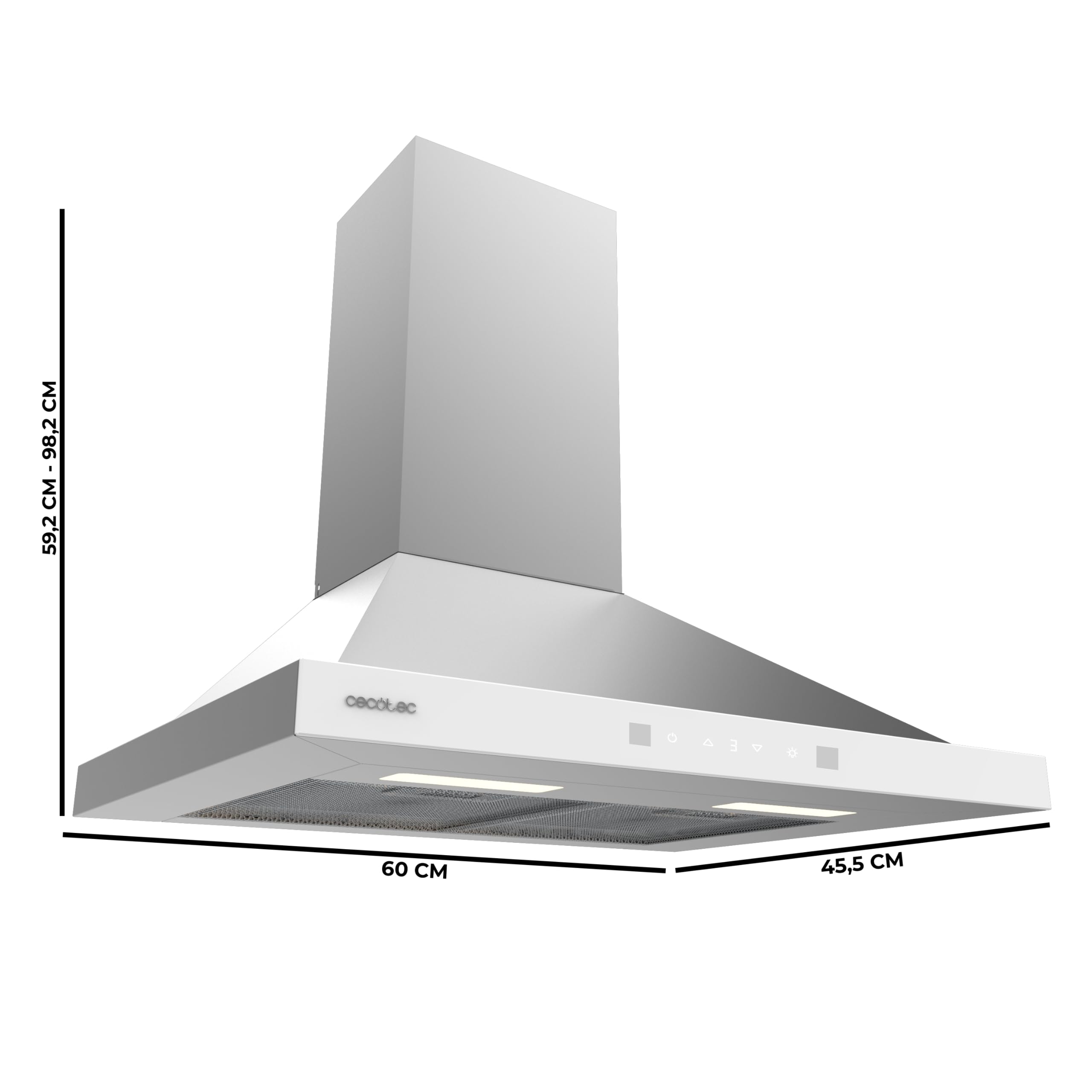 Cecotec Hotte Aspirante Pyramidale 60 cm Bolero Flux PT 604400 Inox A+++. Verre Frontal Blanc, Aspiration 449,5 m³/h, Commande Tactile Invisible, Fonction Booster, Filtres Lavables, Classe A+++