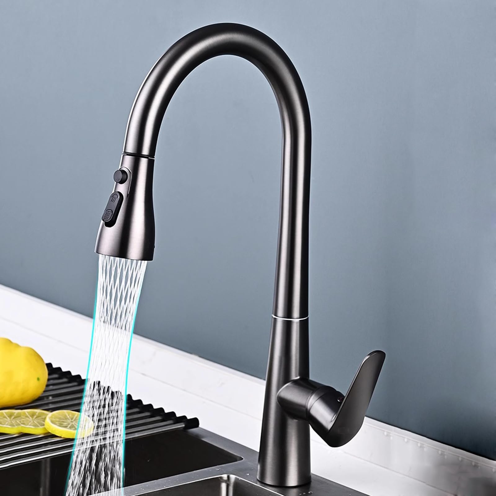 Grifo Cocina Extraible con 3 Modos, Todo Cobre, Agua Fría Y Caliente Giratorio A 360 Grados, Gris