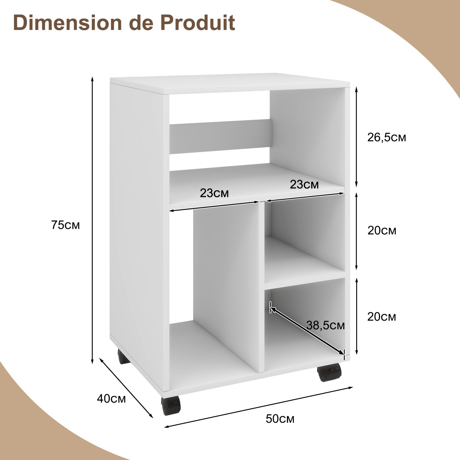 PUNCIA Meuble Imprimante avec Rangement 50x40x75 CM Caisson Bureau (Blanc) | en Bois Support Imprimante Roulettes Meuble Rangement Chariot de Doissier Doucument Chargé 55KG pour Bureau à Domicile