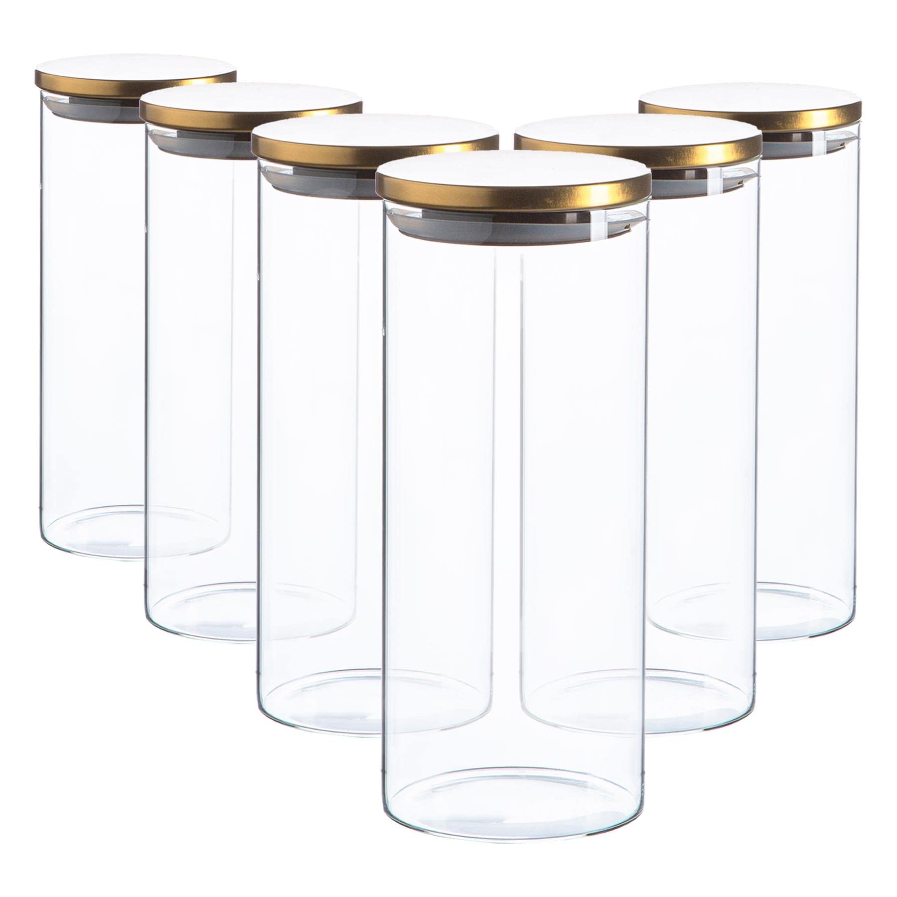 Argon Tableware Gold Scandi Storage Jars With Metallic Lids - 1500Ml - 6 Pack - Modern Round Organisation Container Glass Jar For Kitchens, Pantry, Bathrooms, Utility Rooms
