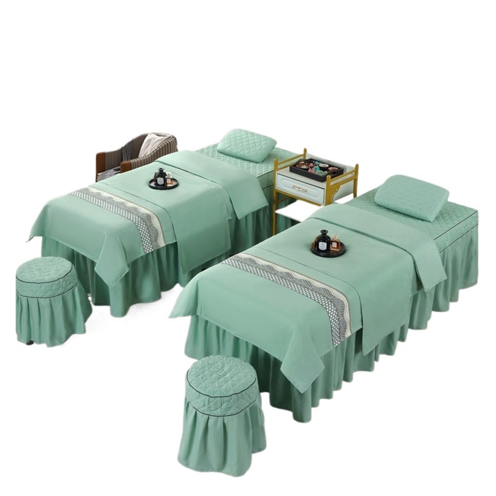Massage Table Skirt 4pcs Beauty Salon Massage Bed Cover Sets Spa Bedskirt with Hole, Pillowcase, StoolCover, Dulvet Beddings(Color 16,185x70cm)