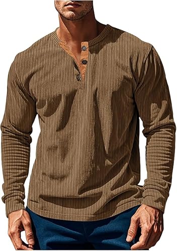 Men's Slim Fit Henley Shirts Long Sleeve Button Corduroy T-Shirt Basic Lightweight Casual Crew Neck Pullover Tops (Dark Brown,Large)