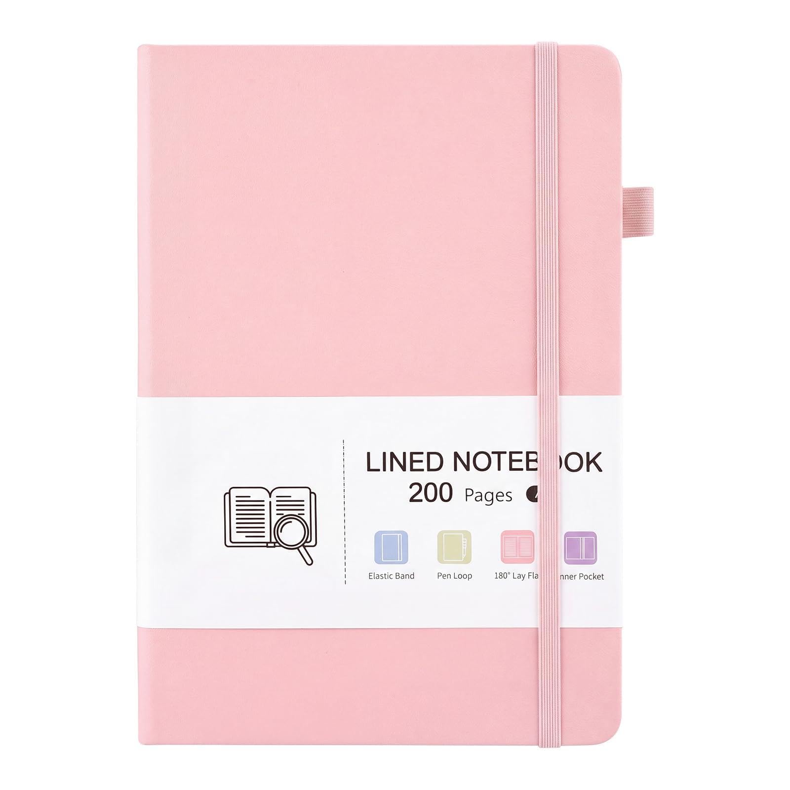 A5 Notebook, PU Leather Hardcover Lined Journal Notebook, 200 Pages, Pink