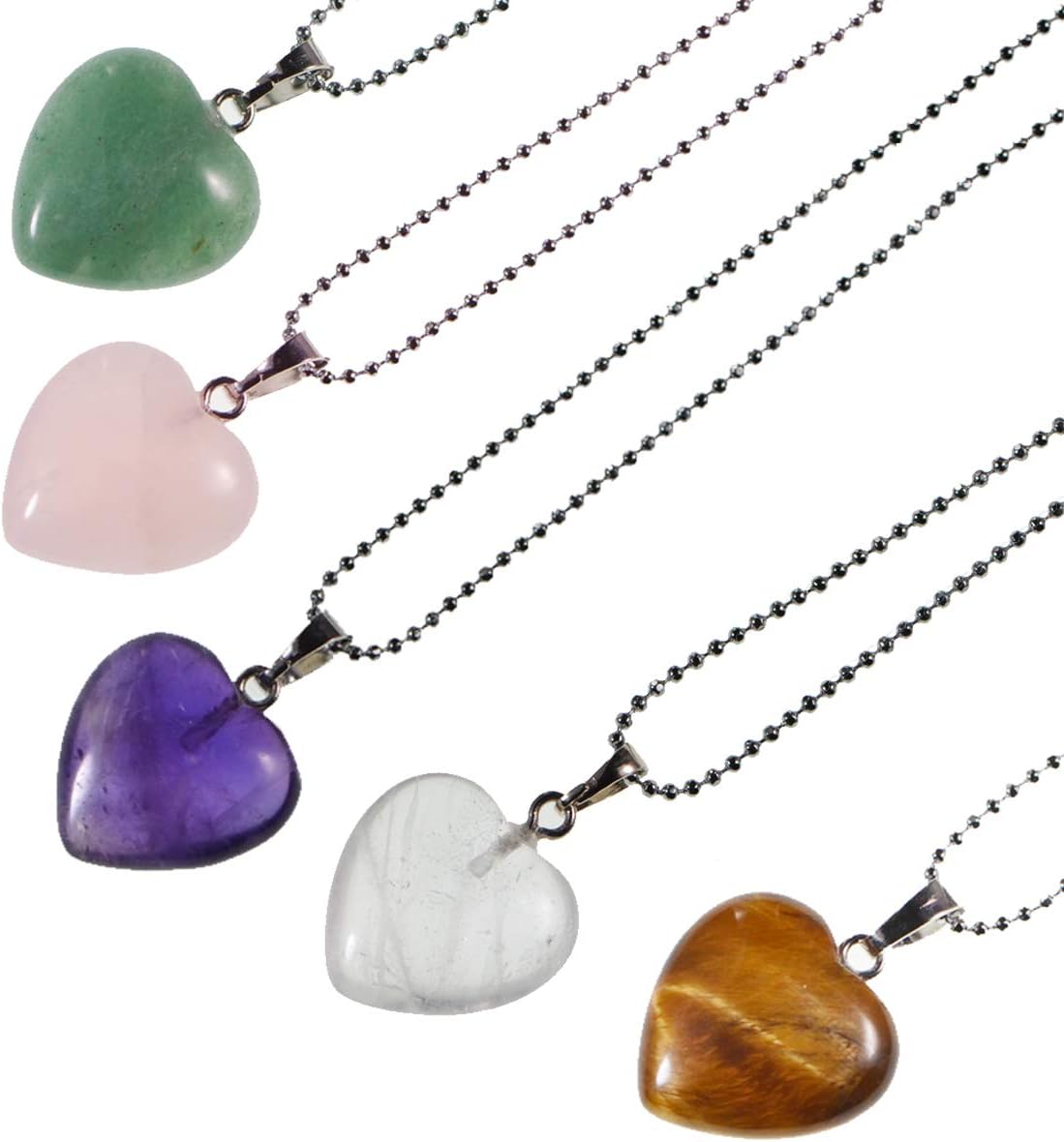 LPBeads 5 Pieces Heart Shape Natural Stone Necklace Chakra Beads Charms Crystal Heading Chakra Stone Pendants Assorted Color