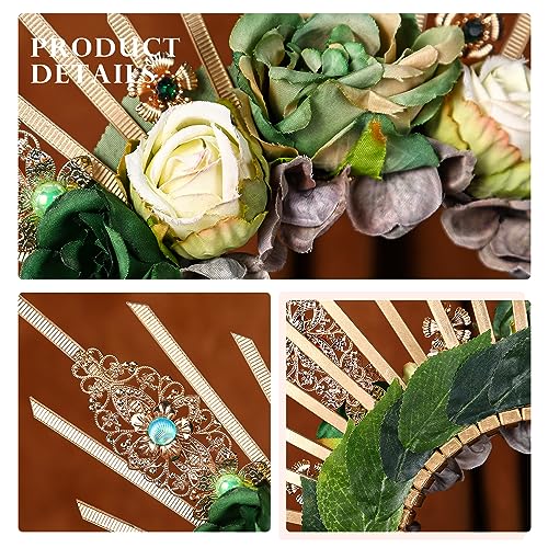 COSUCOS Roses Halo Crown Handmade Goddess Green Rose Headpiece with Crystal Gold Sunburst Headband Spiked Tiaras for Women Fairy Flower Headdress Renaissance Cosplay Hair Accessories