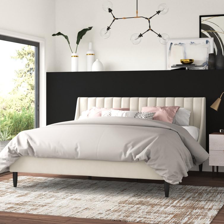 Image of HITHOS Solid Wood Modern Upholstered King Size Bed with Wingback Headboard | Wooden Double Bed Cot Palang Without Storage 1 Year Warranty (French Beige)