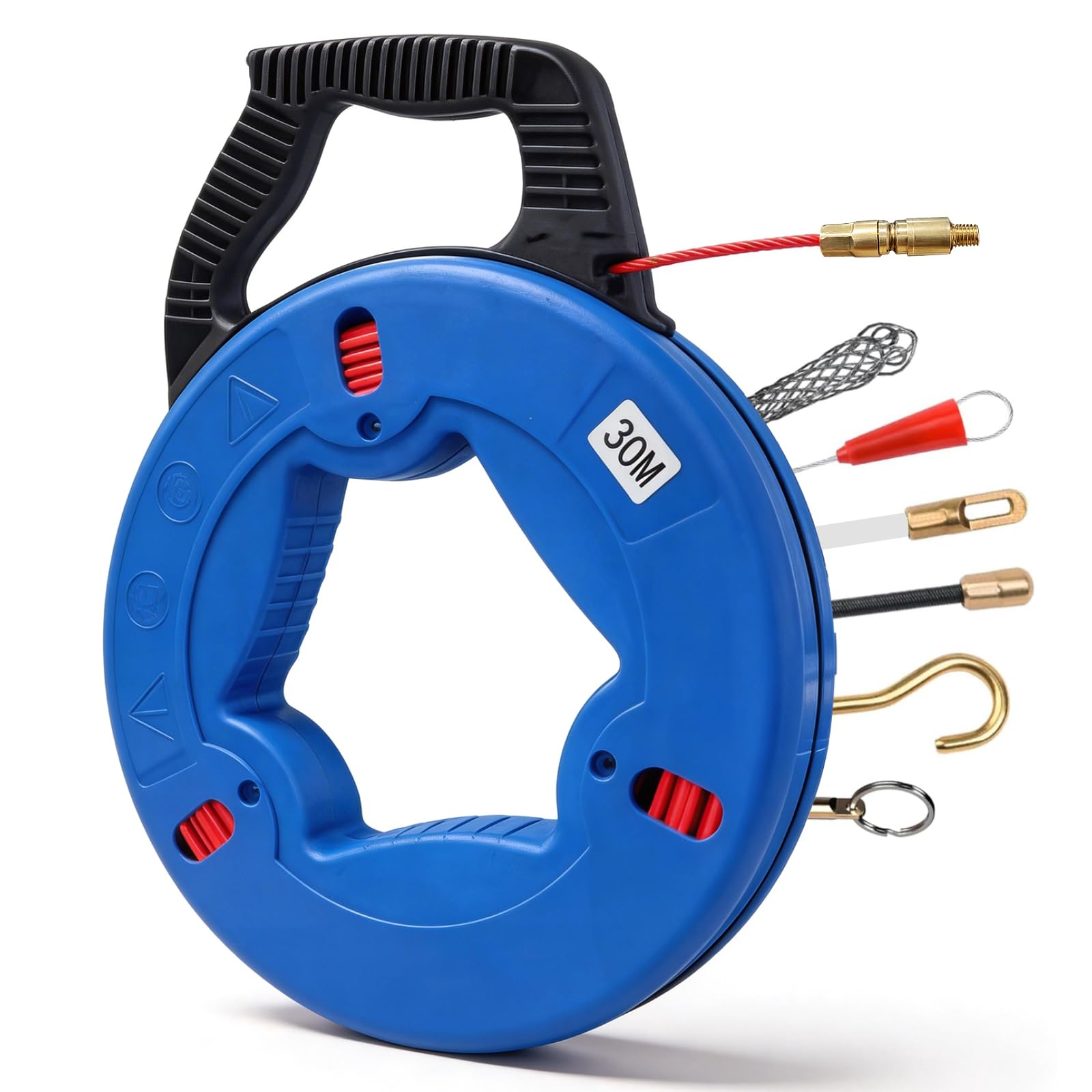 Ayudante de inserción de cable de fibra de vidrio de 30m con cable de 4mm, ayudante de inserción de cable con cabeza de cobre y 6 adaptadores, resorte de inserción, cable de tracción para tubos vacíos