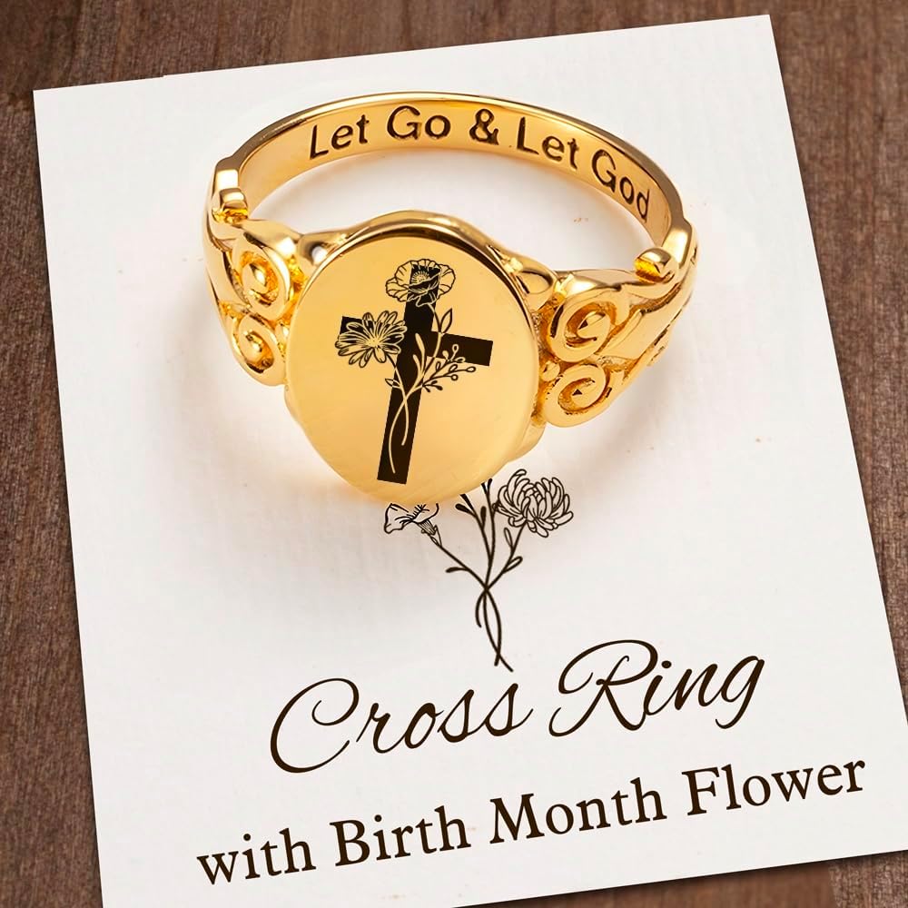 AILIN Custom Cross Rings For Women 925 Sterling Silver/Brass Personalized 1 2 3 4 5 Birth Flower Rings For Mother Let Go and Let God Ring Christian Gifts For Mom Grandma