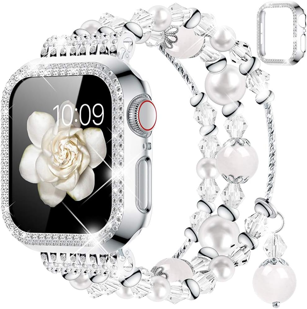 Goton Compatible for Apple Watch Band 38mm, Women Girls Handmade Natural Agate Pearl Bracelet Strap Crystal Pearl Elastic Replacement Watchband for iWatch Bands Series 3/2/1 (White, 38mm)