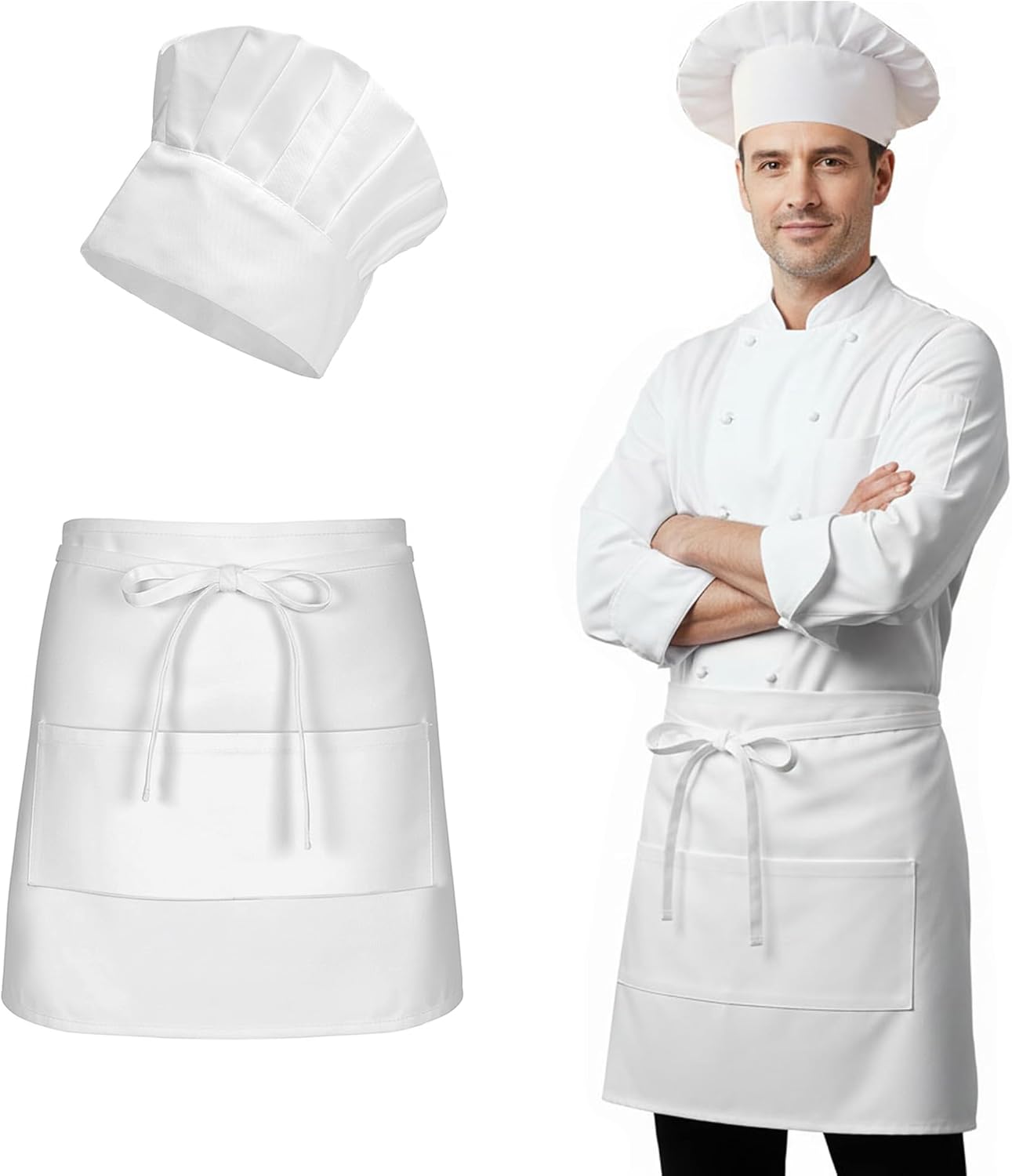 2-Piece Cooking Costume and fDaily Use Uniform for Kitchen Adult White Cotton Hat and Chef Apron