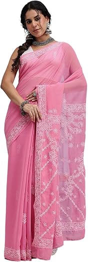 Ada Indian Hand Embroidered Georgette Lucknow Chikankari Saree with Unstitched Blouse Piece for Women - Saree_2290
