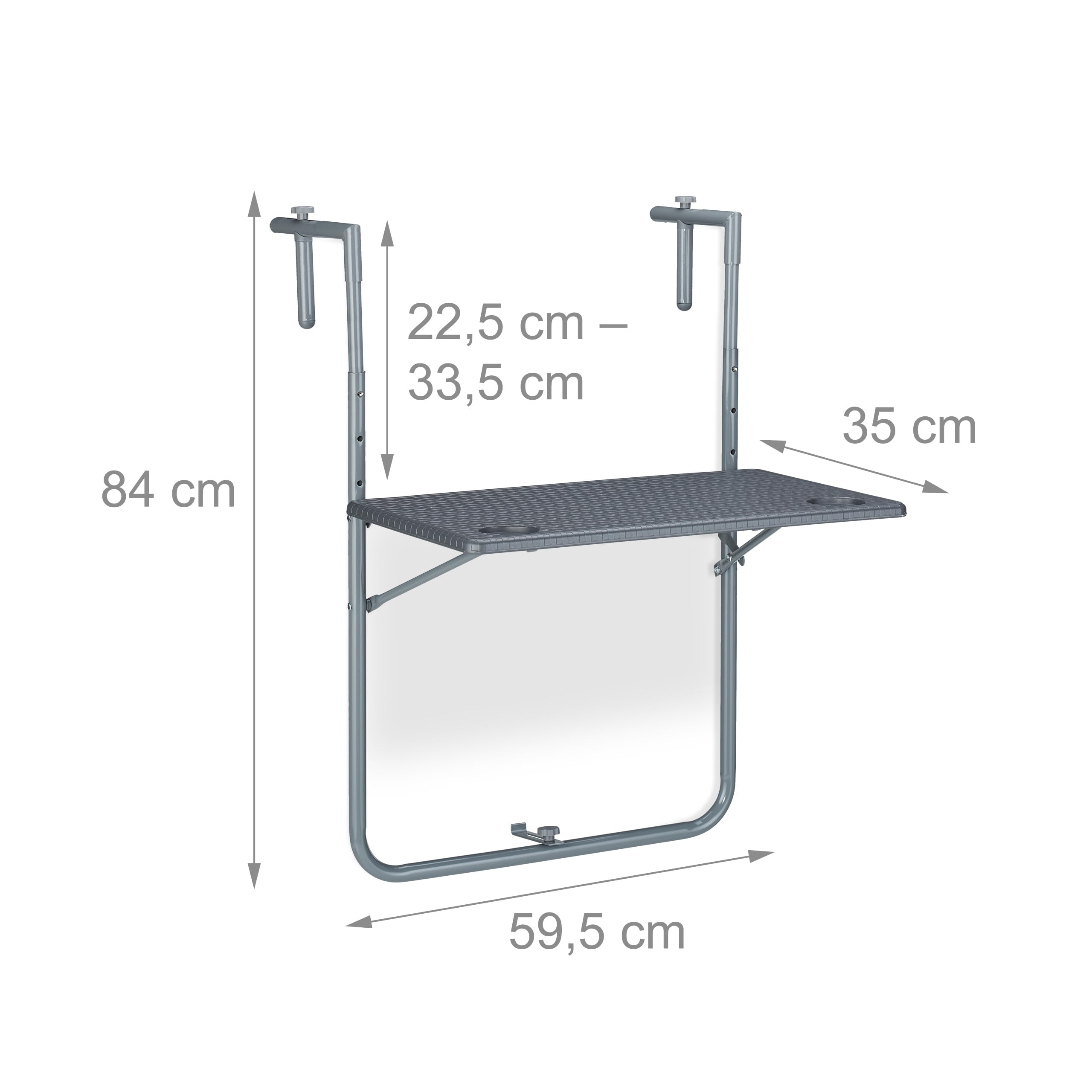 Relaxdays Tavolino da Balcone Pieghevole, 59,5 x 60 cm, Mini Tavolo Appeso, Regolabile in Altezza, Salvaspazio, Grigio