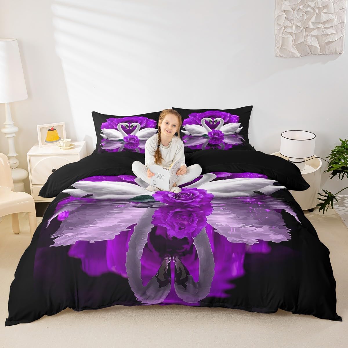 White Swan Bedding Set Purple Rose Duvet Cover King Size,Birds Wildlife Comforter Cover Romantic Flowers Wildlife King Bed Set Couple Bedroom Decor for Adult Lady Man, Wedding Festival Party Decor