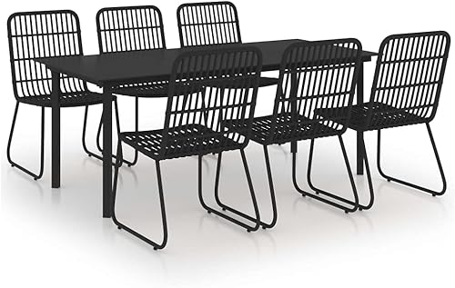 Miniatura 2 de Juego de comedor de patio de 7 piezas con sillas de ratán de polietileno y muebles de exterior de mesa de vidrio, color negro para jardín, balcón,