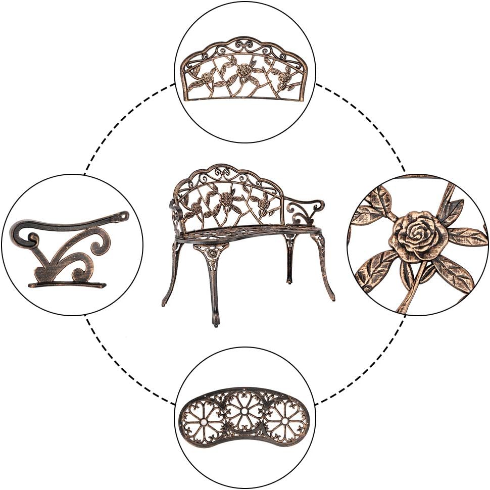 38.5" Outdoor Garden Bench Cast Aluminum Patio Park Bench Elegant Porch Deck Loveseat with Rose Pattern Backrest,Bronze