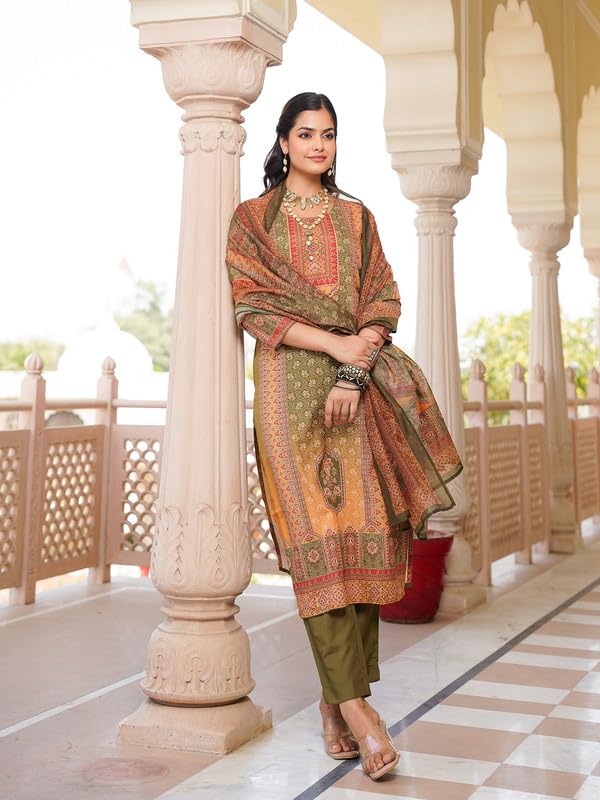 Image of Vaamsi Women's Olive Rayon Printed Straight Kurta Pants With Dupatta Set | Festive Straight Kurta Set For Women | Printed Salwar Suit For Women