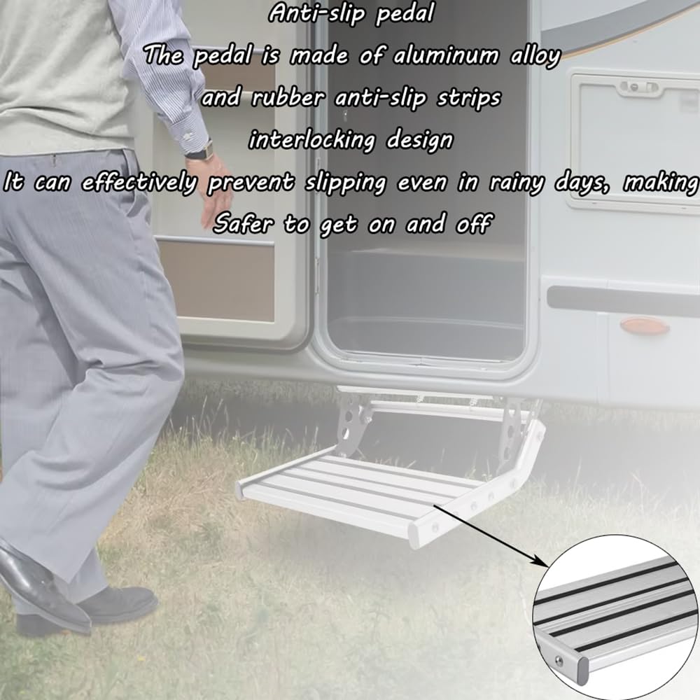 HEYOUTH Escalón Plegable para Autocaravanas – Plataforma de Aluminio Antideslizante, Plegado Manual, Soporta 200 kg, Iluminación LED 12V y Refuerzo de Resorte (Instalación con Tornillos)