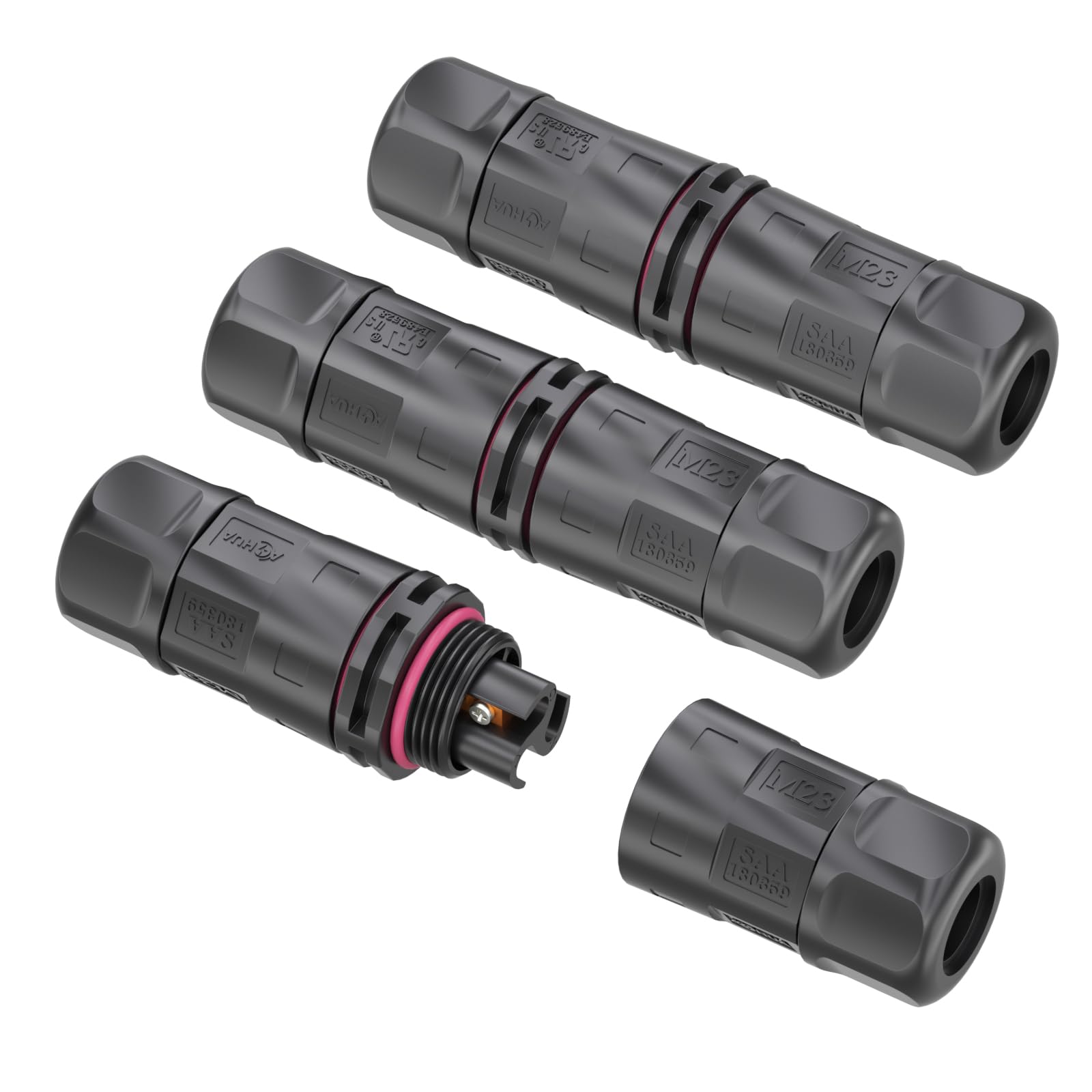 AOHUA 3-Pack Waterproof Junction Box, M23 3-Pin IP68 Outdoor Electrical Wire Connector for Ø10-15mm Cables (500V/35A), for Underground, Garden Lighting & Landscape Wiring, UL/CE/SAA/RoHs Certified