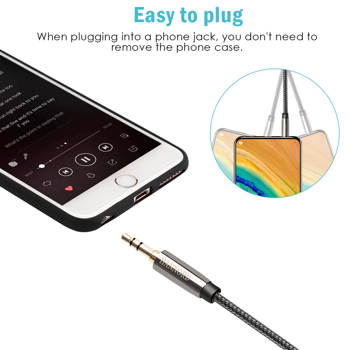 AUX-Kabel, Hannord 3,5-mm-Nylon-geflochtenes Stereo-AUX-Kabel Hi-Fi-Sound mit Stecker-Stecker AUX-Kabel AUX-Zusatzkabel für Auto, Kopfhörer, Lautsprecher, Stereoanlage, iPhone, Echo (2 m)