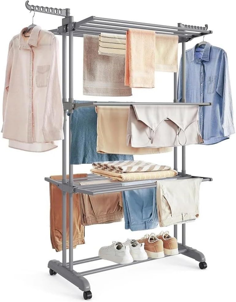 Large Clothes Airer, Foldable Plastic Clothes Drying Rack Laundry 4-Tier, Moveable Clothes Horse(White)