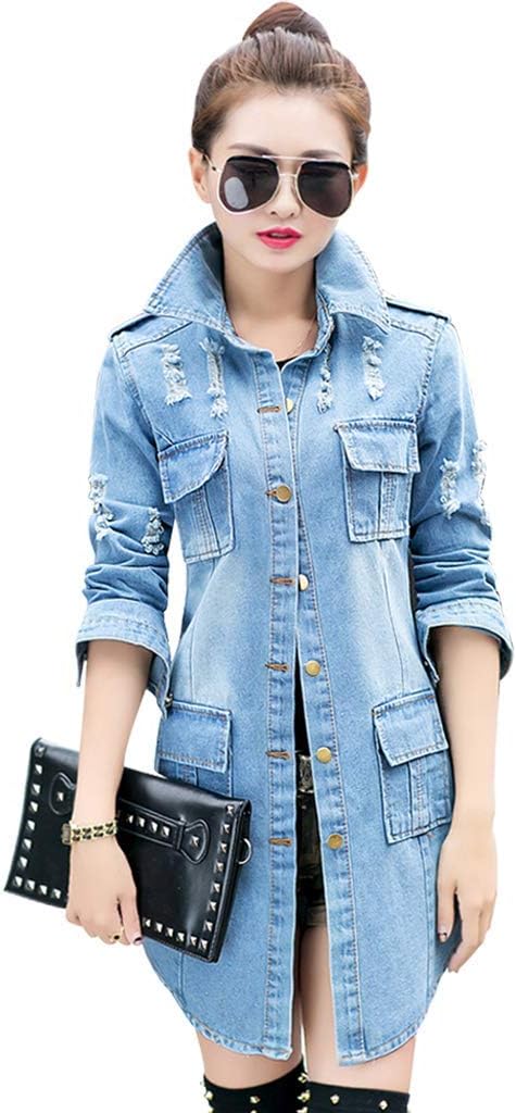 Wincolor Women's Button Down Ripped Distressed Long Denim Jacket Coat