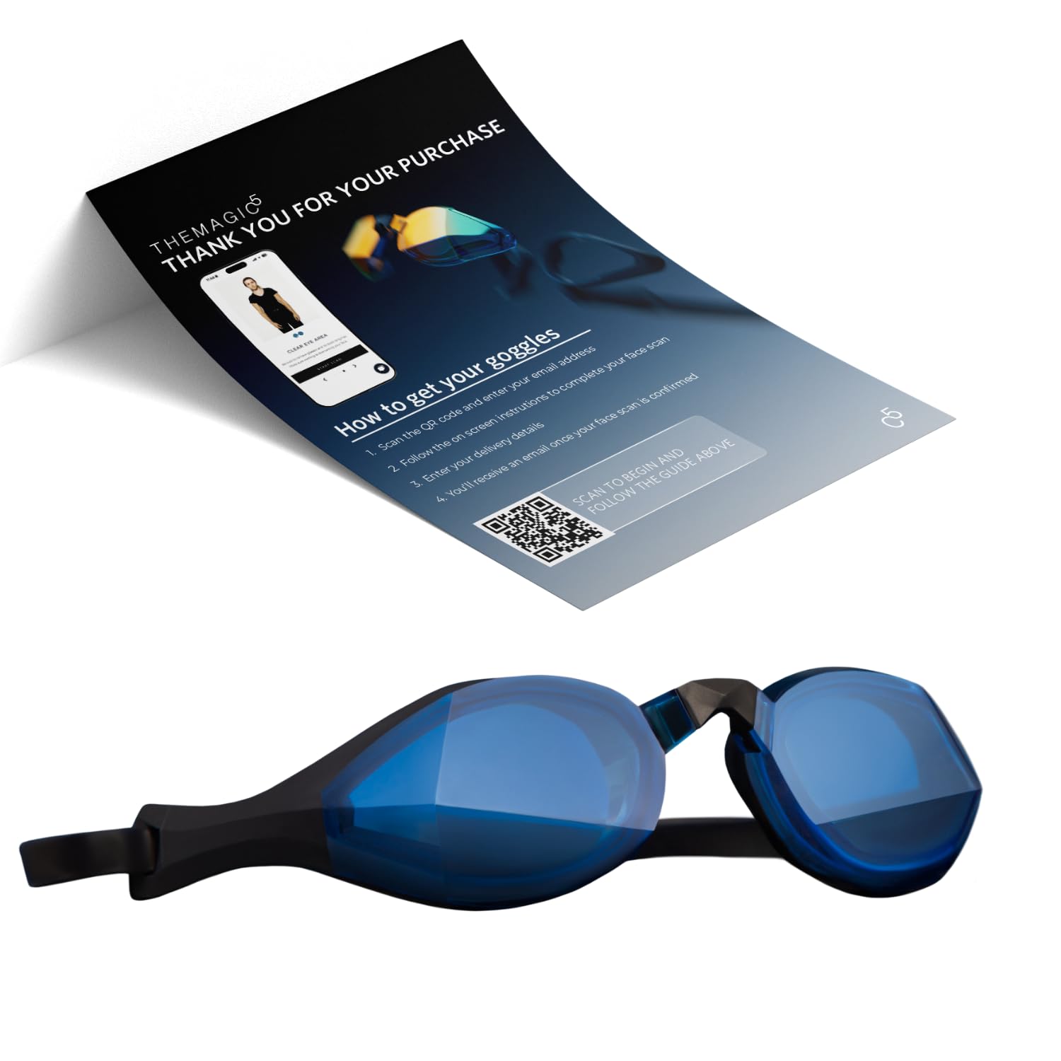 THEMAGIC5 Vektor Schwimmbrille für Männer und Frauen, personalisierbare Schwimmbrille für Erwachsene – QR-Code per E-Mail