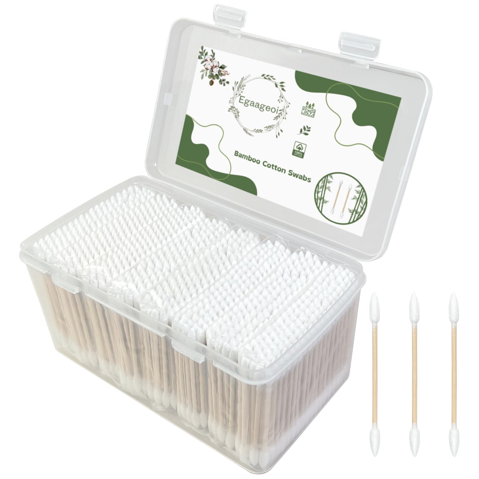 Egaageoi 800 Count Pointed Cotton Swabs - Double-Tipped Bamboo Cotton Buds for Precision Cleaning, Makeup, and Nail Art - Biodegradable and Sustainable for Ears, Nose, and Beauty Care