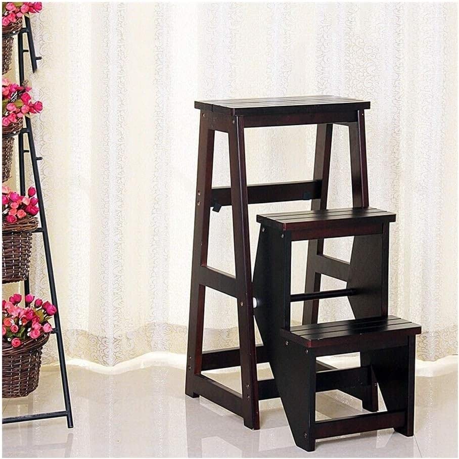 Escabeau pliable en bois 3 marches étagère échelle noire décoration OKUOKA