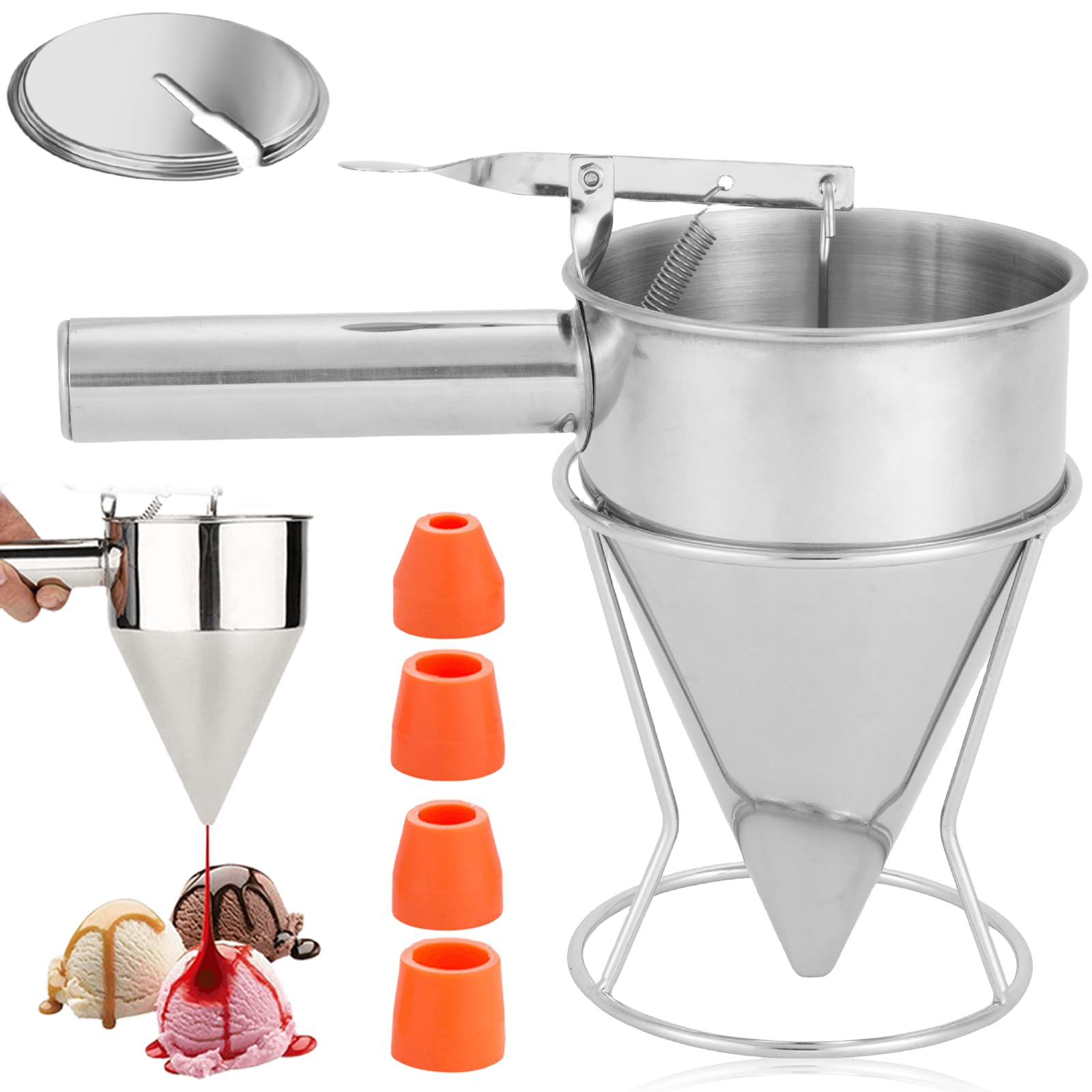 Distributore di pasta da 1,2 l, in acciaio inox, con supporto, coperchio e 4 imbuti, per torte