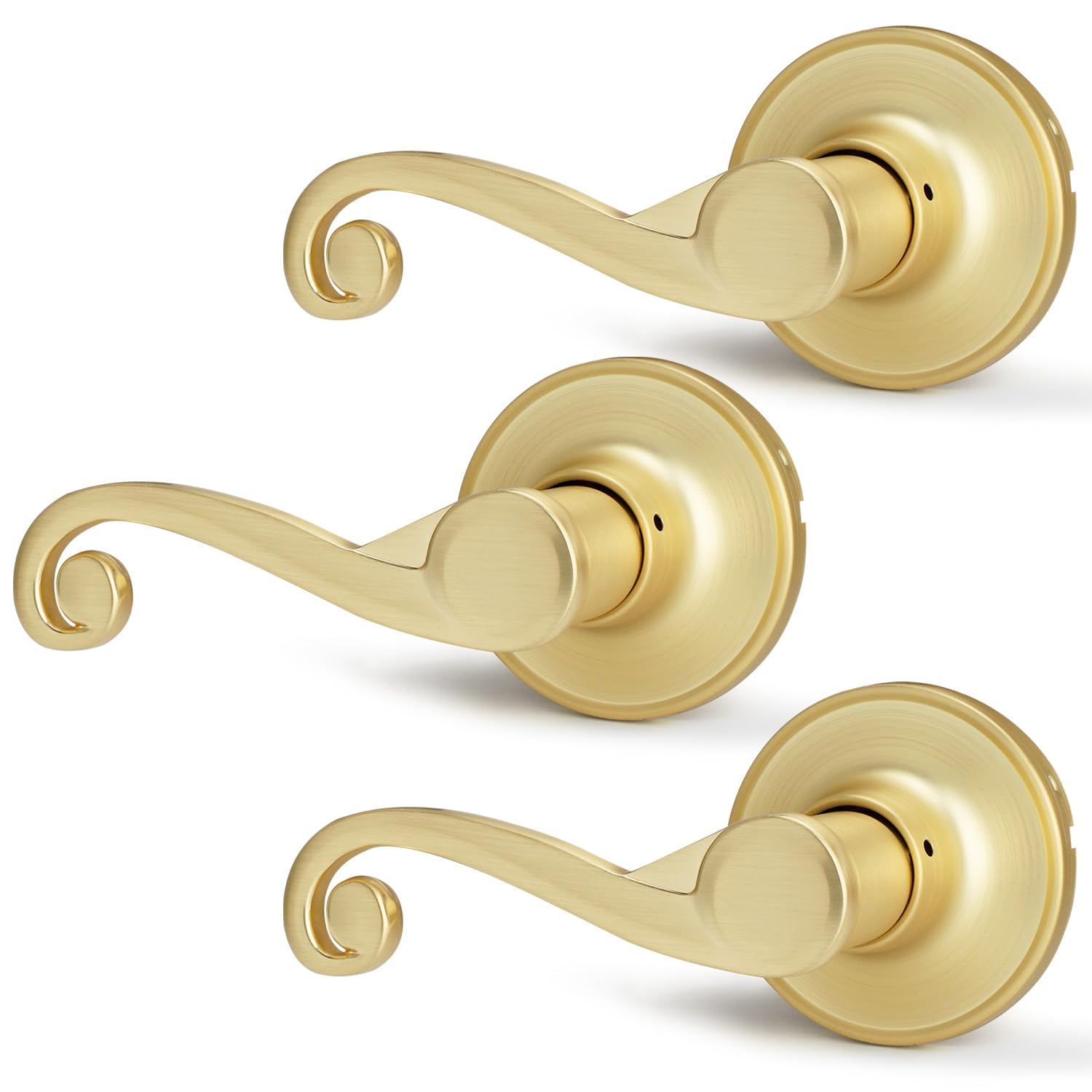 Bonpoly 3 Pack Privacy Door Handle Interior, Gold Door Handle Without Key, Bed and Bath Door Knobs, Brass Door Lever for Right-Hand Doors, Modern Wave Design