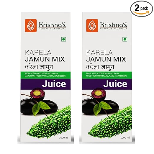 Krishna's Karela Jamun Mix Juice - 1000 ml | Pack of 2 | Fresh Karela & Jamun Seed | Ayurevedic Formulation to maintain Sugar Level | Enriched with Vitamin C - Vitamin A| Sugar free Juice with No Added Color or Flavour