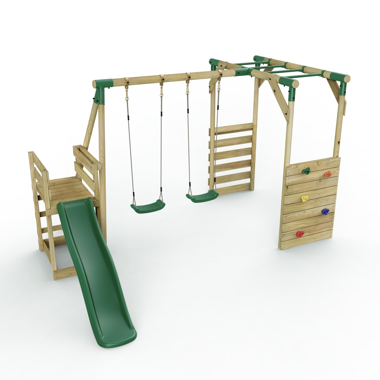 B&Q -  Wooden Children's Swing Set With Monkey Bars Plus Deck & 6Ft SlideDouble SwingVenus Green