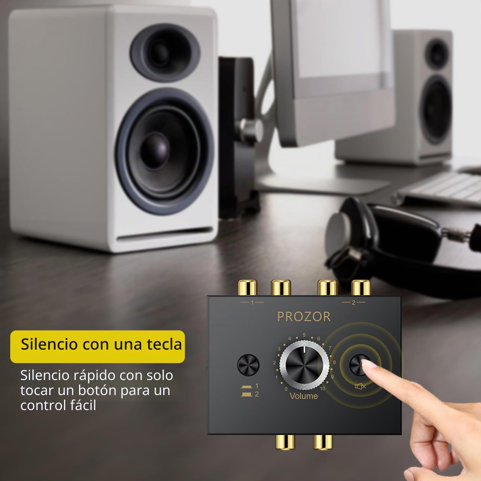 PROZOR Conmutador de Audio Estéreo Bidireccional RCA y AUX 3.5mm Selector de Sonido 1x2/2x1 con Control de Volumen y Botón Mute Switch Pasivo para Altavoces PC Amplificador Tocadiscos Reproductor CD