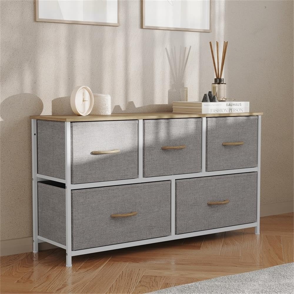 Pemberly Row 5 Drawer Dresser, Oak Wood Top, White Iron Frame, Beige Fabric Drawers with Wooden Handles, 39.25" W x 11.75" D x 21.5" H, Adjustable Floor Glides, Vertical Storage Organizer for Bedroom