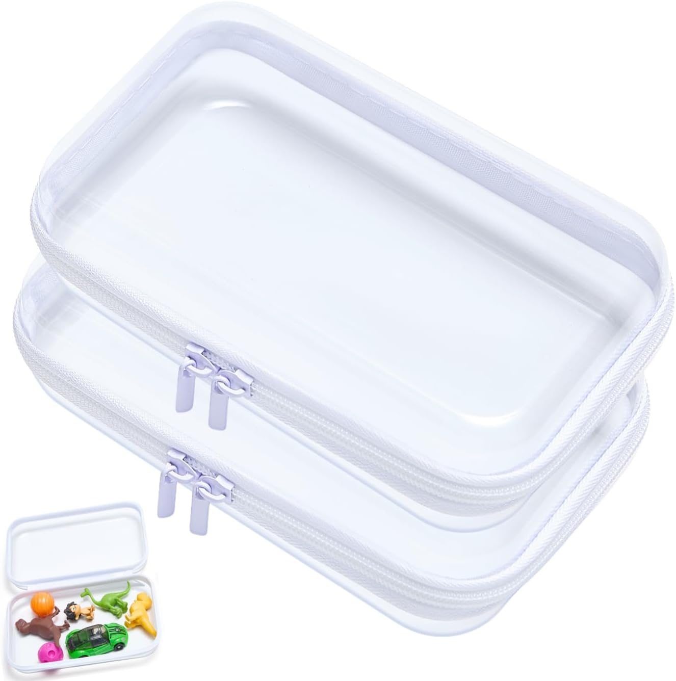 Clear Hard Shell Zipper Case, Upgraded Thicker Transparent Plastic Bins for Organizing, See Through Zipper Pouches Makeup Case, Lidded Storage Bins Organizer for Storage Cosmetics (S+M)