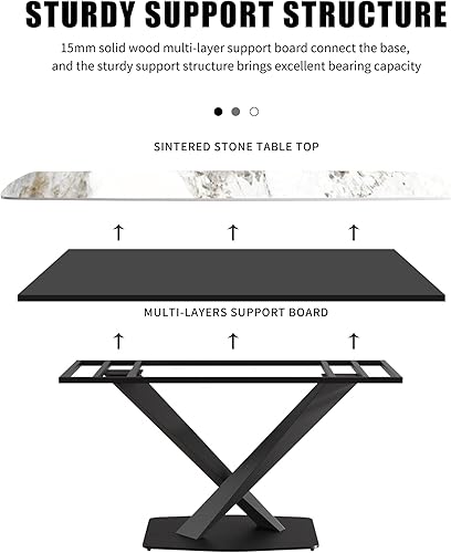 Miniatura 6 de Mesa de comedor moderna, mesa de comedor de piedra sinterizada blanca antigua con base de acero al carbono sólido en forma de X, mesa de comedor